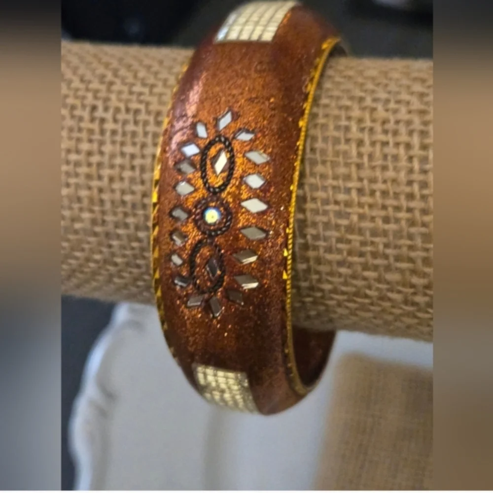 Chic Coppertone and Silver Etched Bangle Bracelet  Vintage